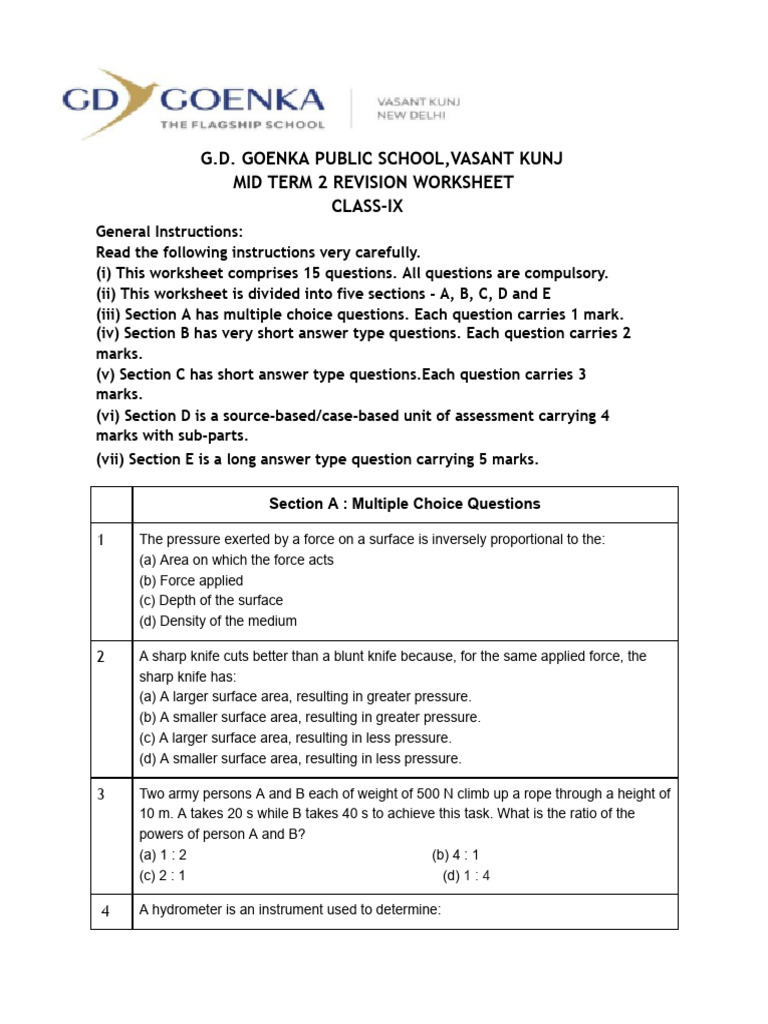 Class IX Mid Term 2 Revision Worksheet | PDF | Buoyancy | Physical ...