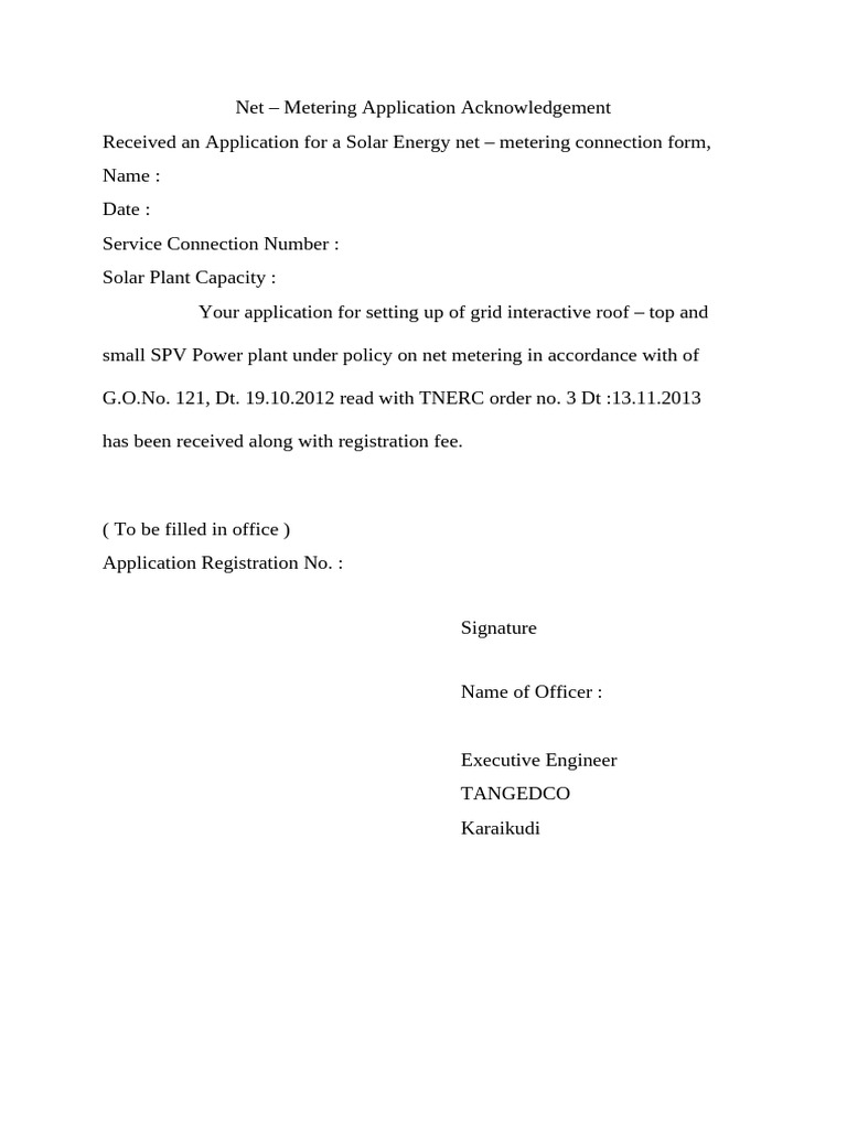 Solar Net Metering Application Acknowledgement | PDF