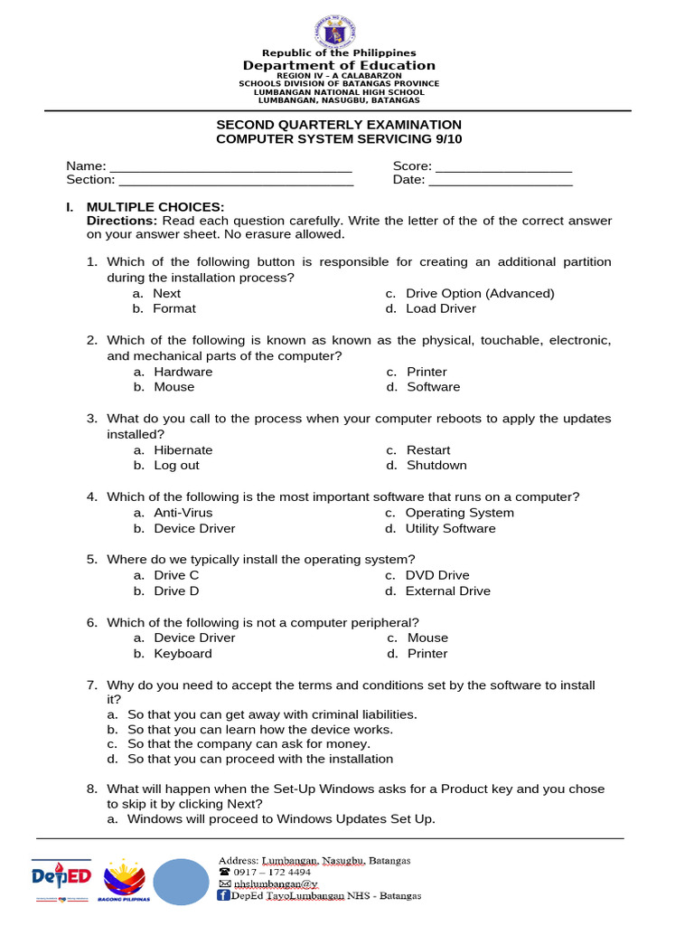 Computer System Servicing Exam Questions | PDF | Microsoft Windows ...