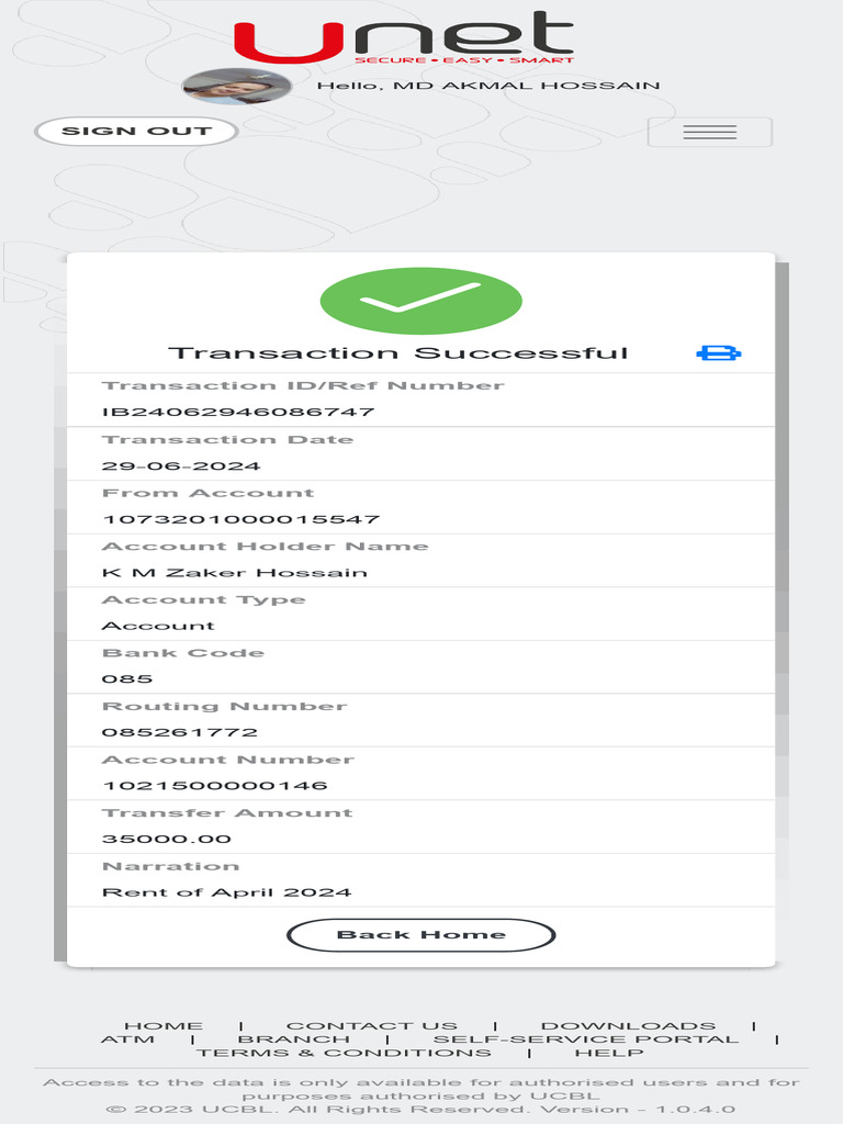 Successful Rent Transaction Receipt | PDF