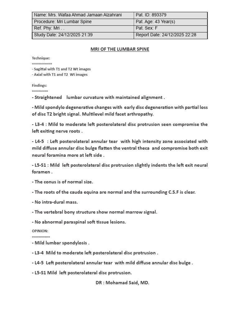 MRI Report: Lumbar Spine Findings | PDF
