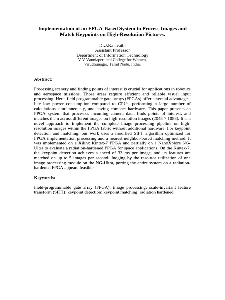FPGA Image Processing for Keypoint Matching | PDF