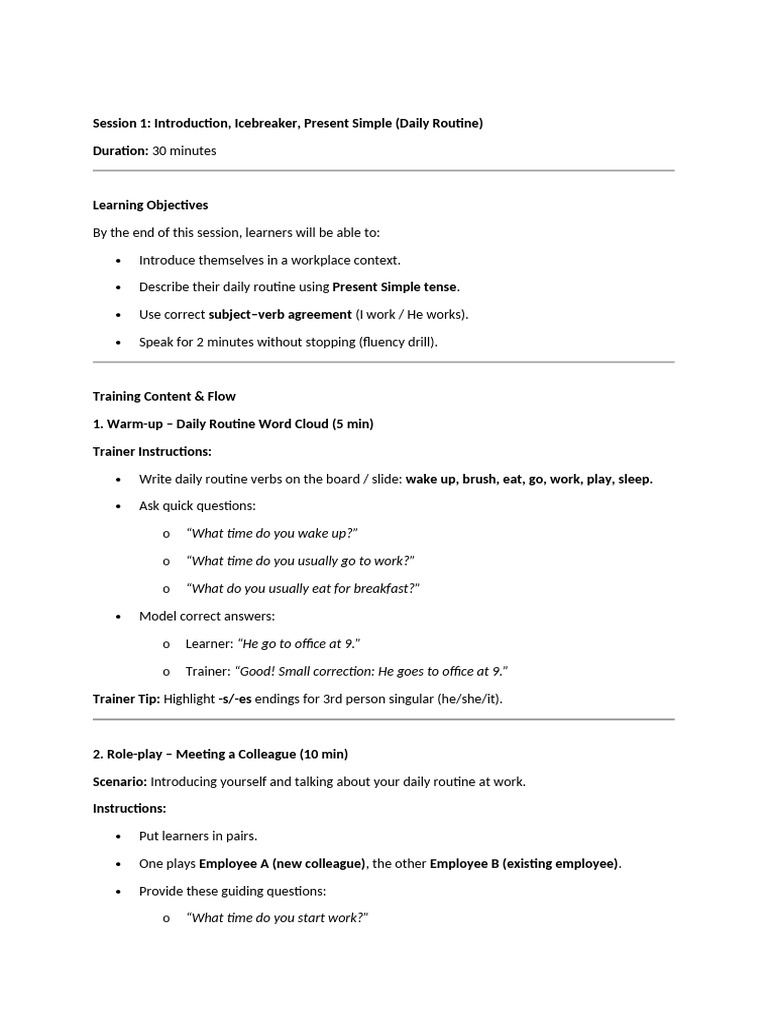 Session 1 Introduction, Icebreaker, Present Simple (Daily Routine | PDF ...