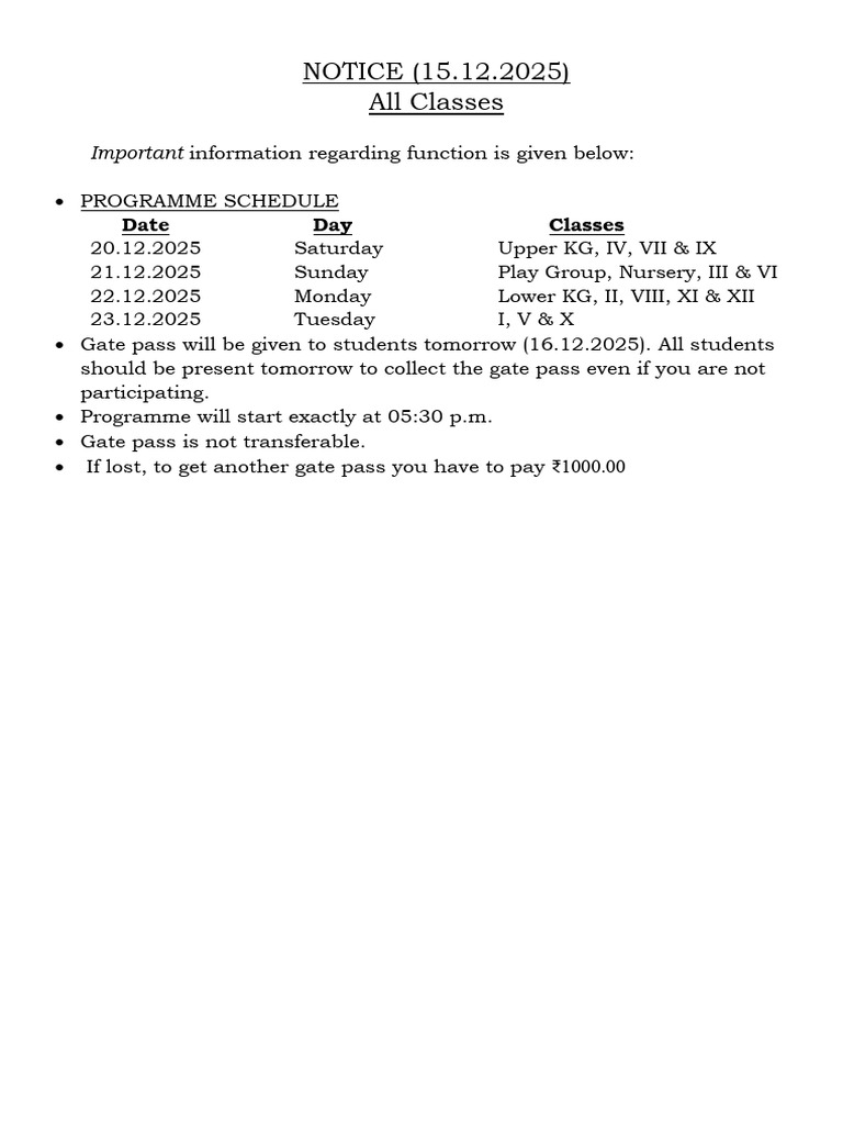 Class Schedule and Gate Pass Notice | PDF
