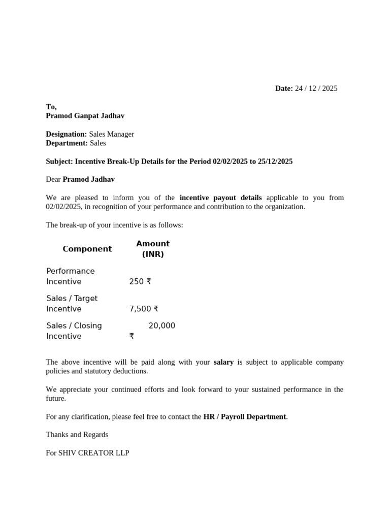 Incentive Payout Details for Pramod Jadhav | PDF