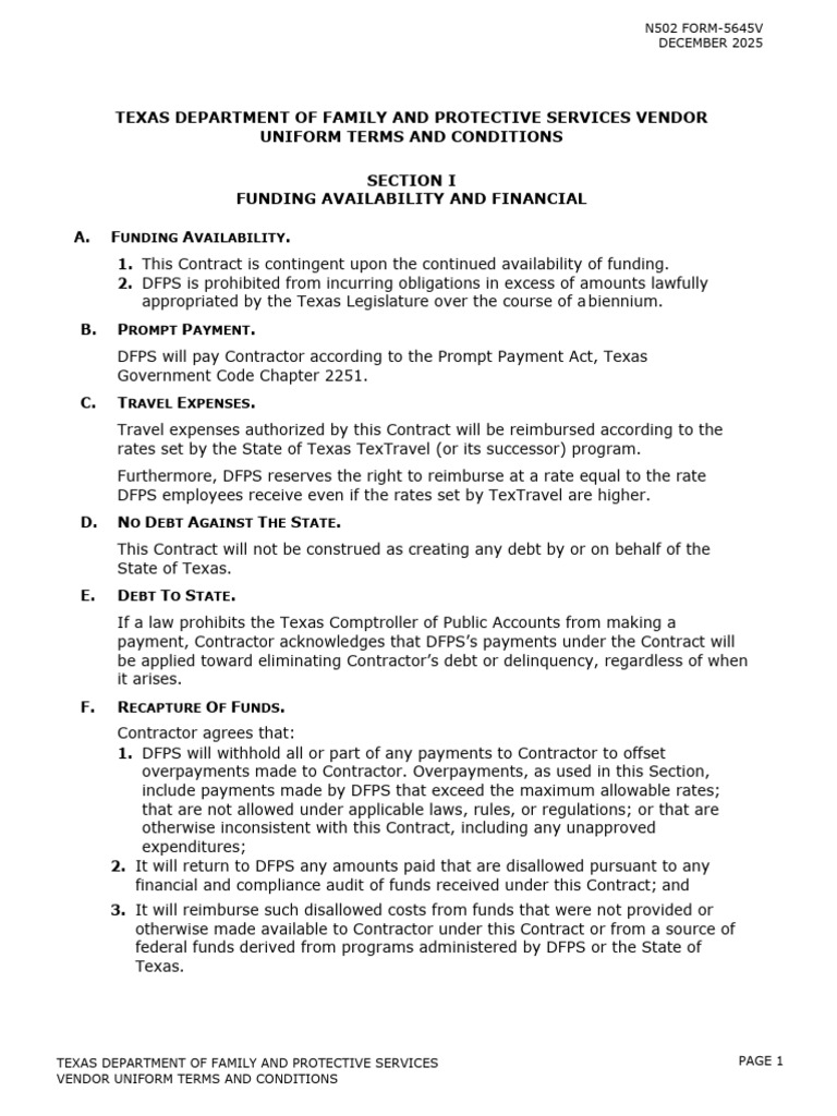 Texas DFPS Vendor Terms & Conditions | PDF | Indemnity | Subcontractor