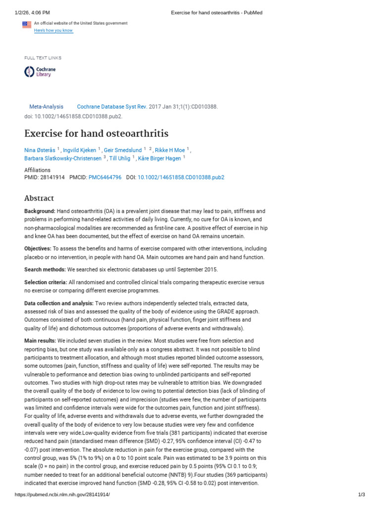 Exercise For Hand Osteoarthritis - PubMed | PDF | Osteoarthritis | Joint