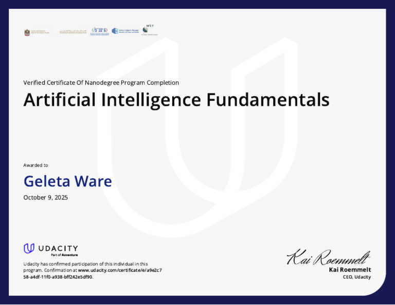 AI Fundamentals Nanodegree Certificate | PDF