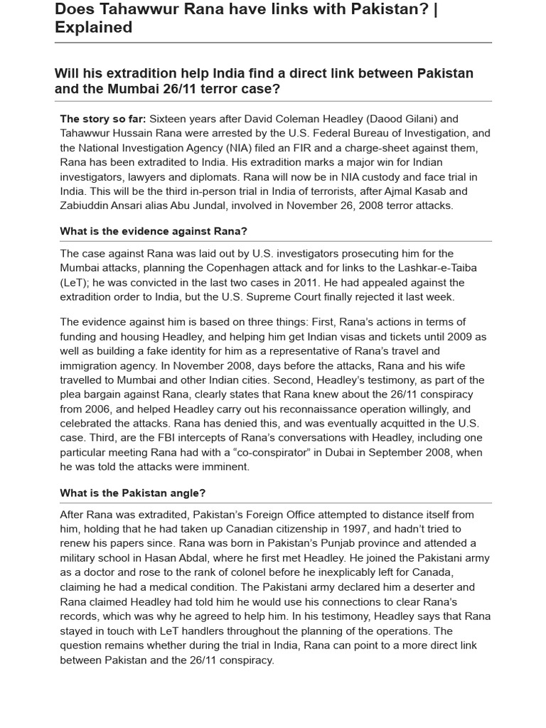Tahawwur Rana's Extradition and Pakistan Links | PDF | National Security