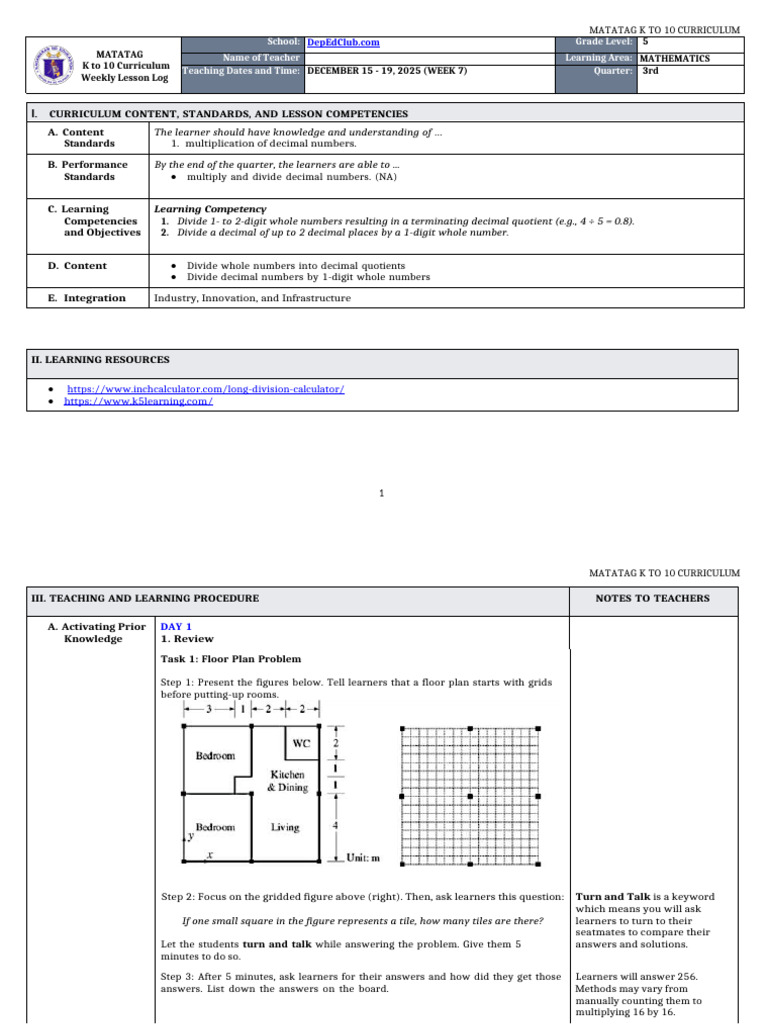 K-10 Math Weekly Lesson Log: Dec 2025 | PDF