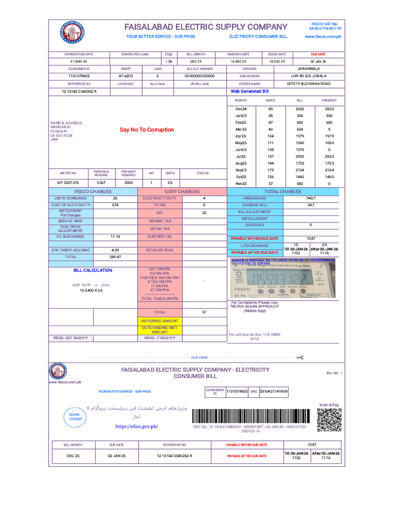 FESCO Electricity Bill Details for Dec 2025 | PDF | Taxes | Public Finance