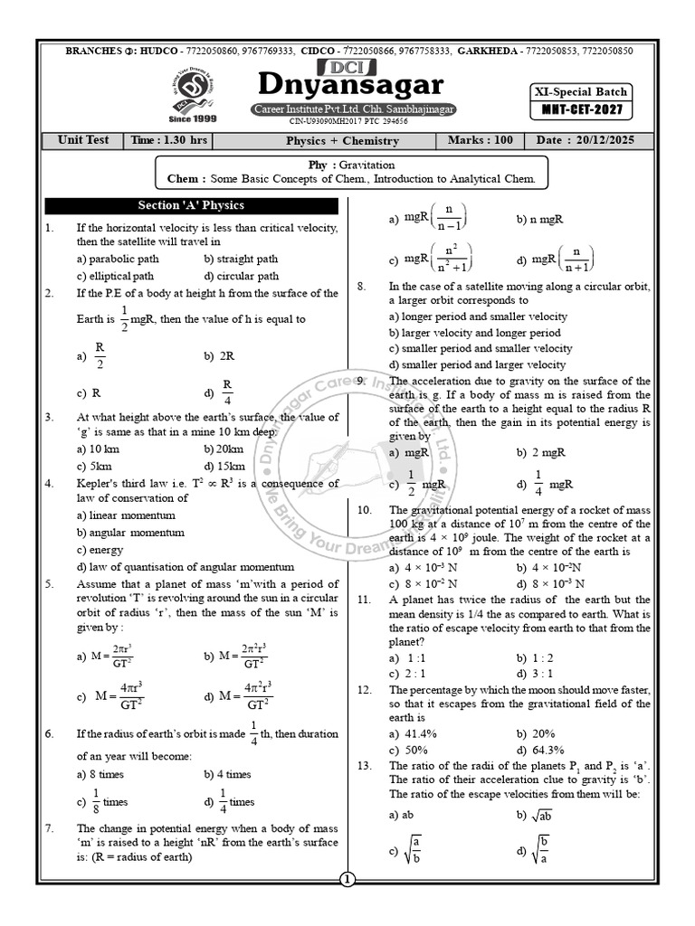 Physics and Chemistry Unit Test 2025 | PDF | Orbit | Earth