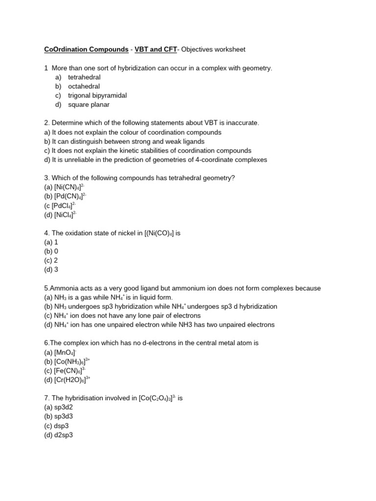 Coordination Compounds: VBT & CFT Worksheet | PDF | Coordination ...