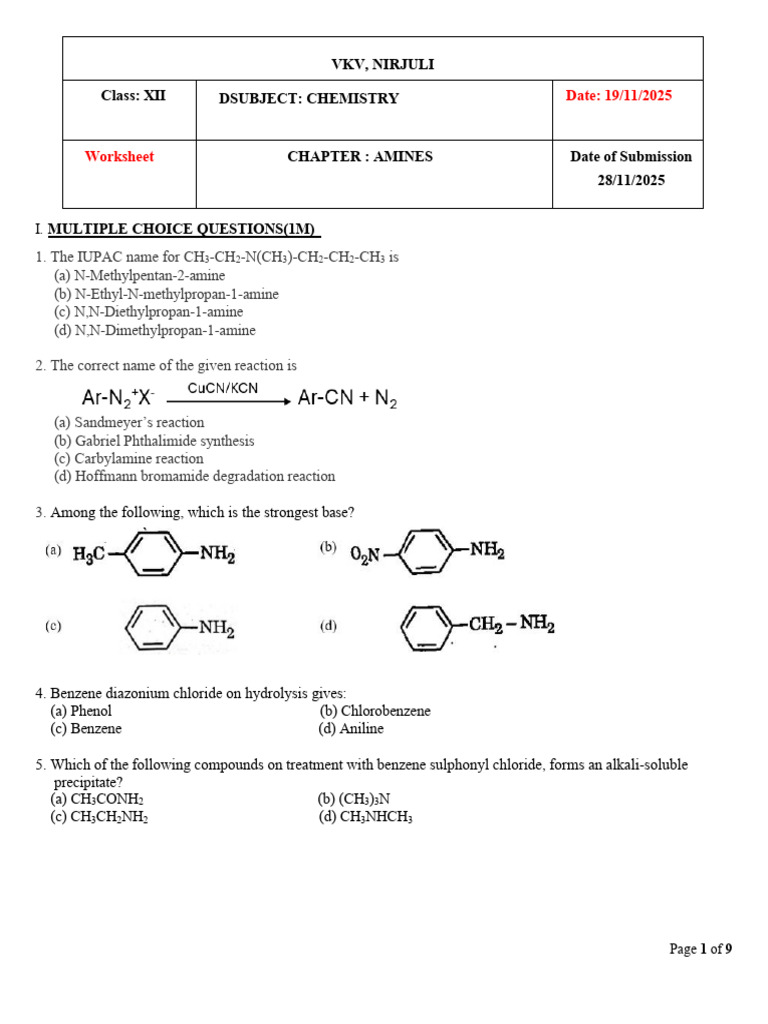 Chemistry Worksheet on Amines for Class XII | PDF | Chemistry | Organic ...