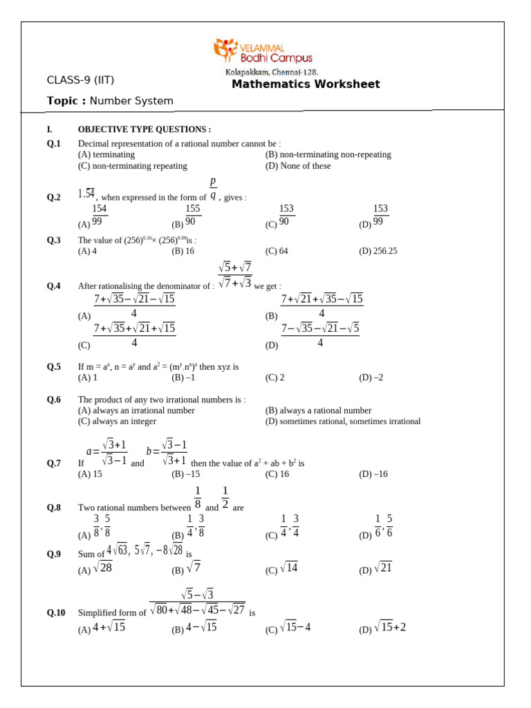 Class 9 Mathematics: Number System Worksheet | PDF | Square Root | Numbers