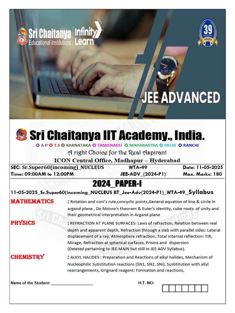 JEE Advanced 2024 Model Paper Overview | PDF | Mirror | Optics