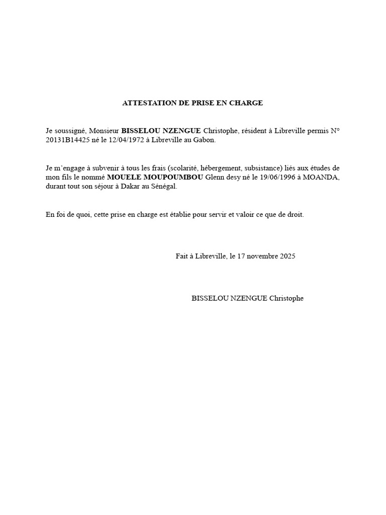 Attestation de prise en charge scolaire | PDF