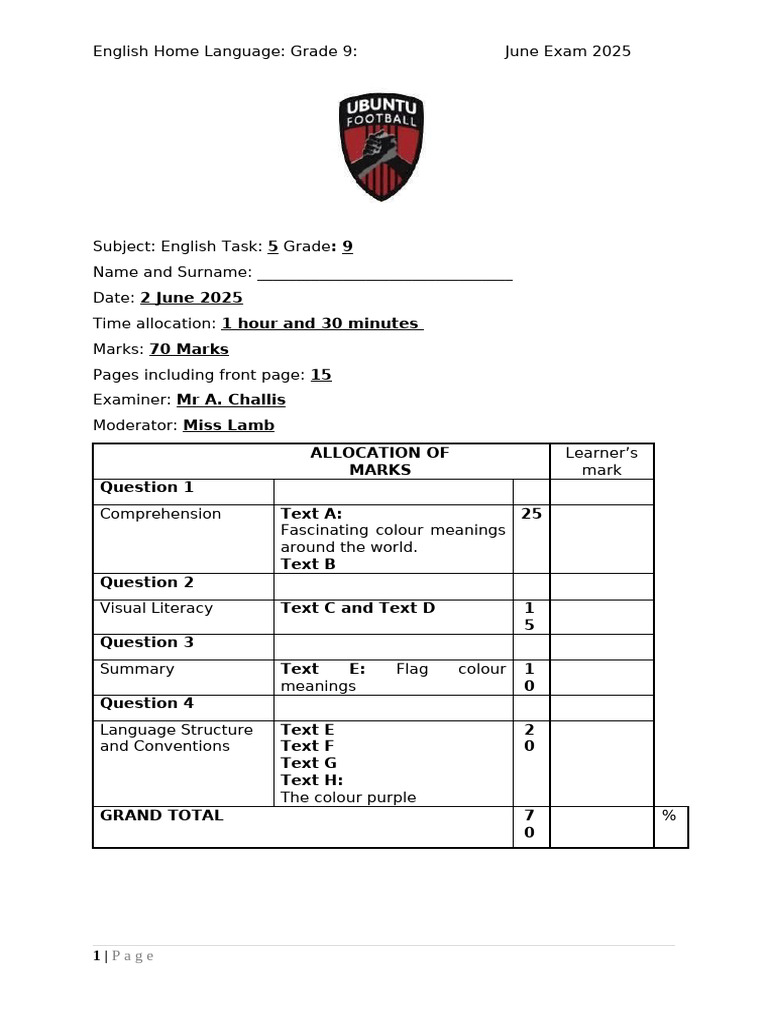 Grade 9 English June Exam 2025 | PDF | Linguistics
