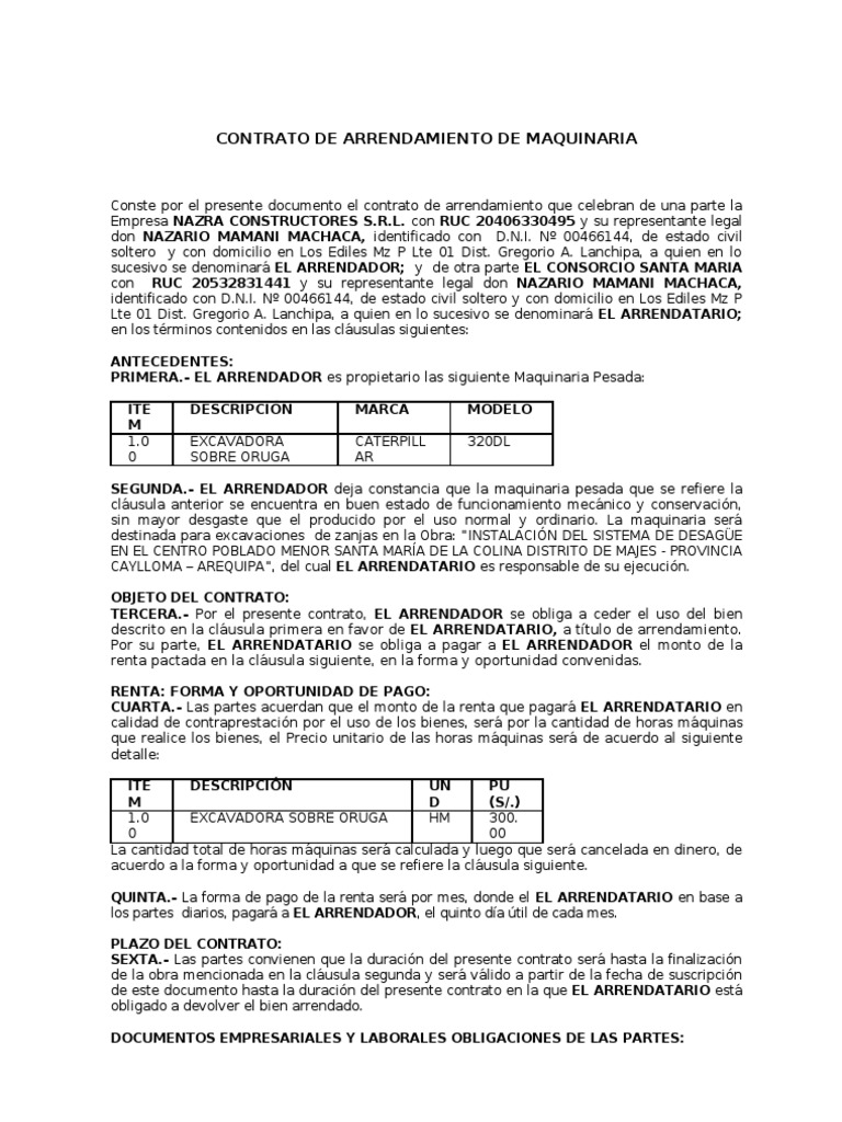 Ejemplo De Contrato De Arrendamiento De Maquinaria 