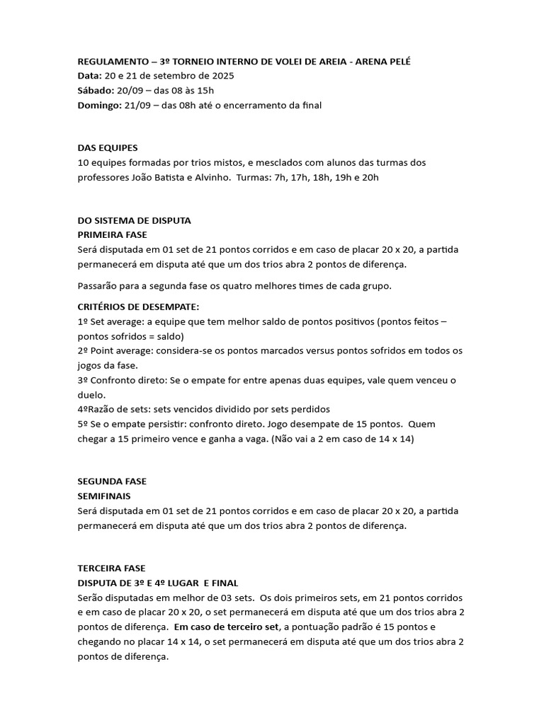Regulamento do 3º Torneio de Vôlei de Areia | PDF | Concorrência | Juiz ...