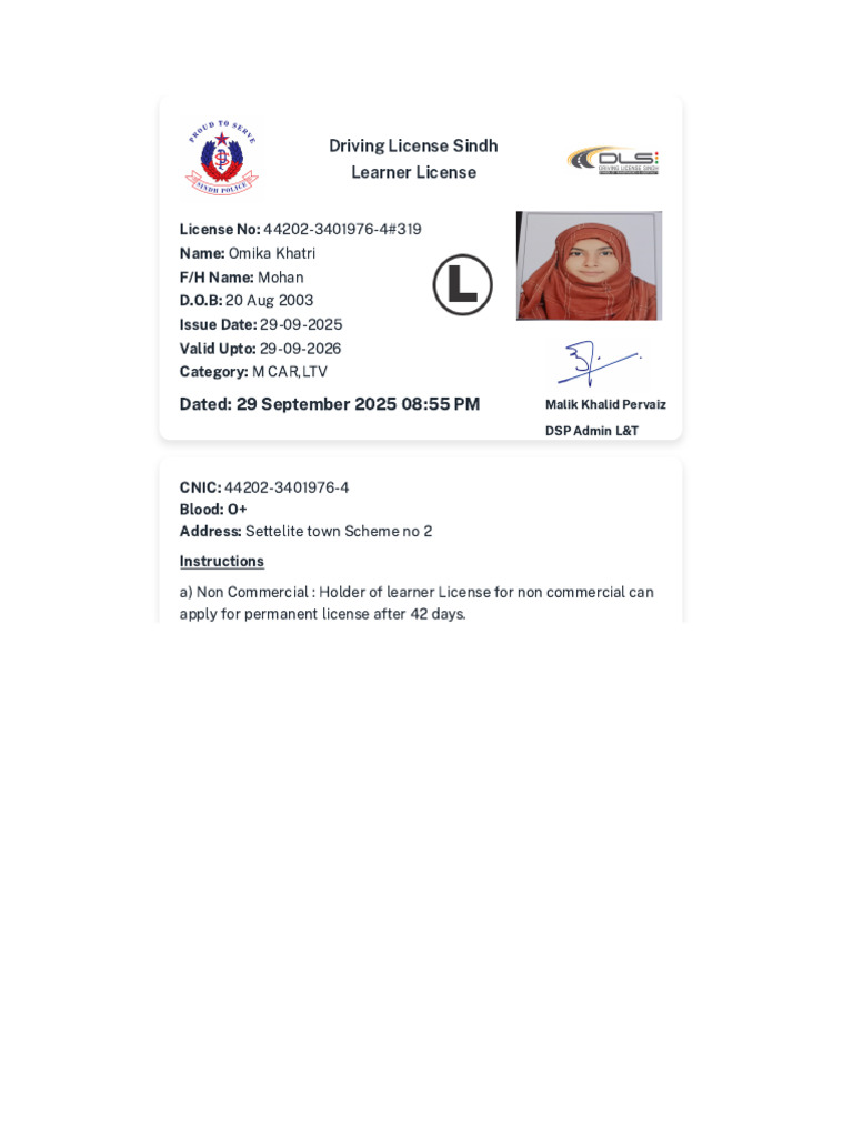 Sindh Learner Driving License Details | PDF