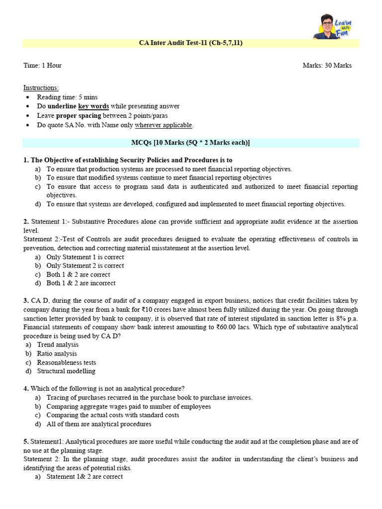 CA Inter Audit Test-11 Overview | PDF | Audit | Internal Control