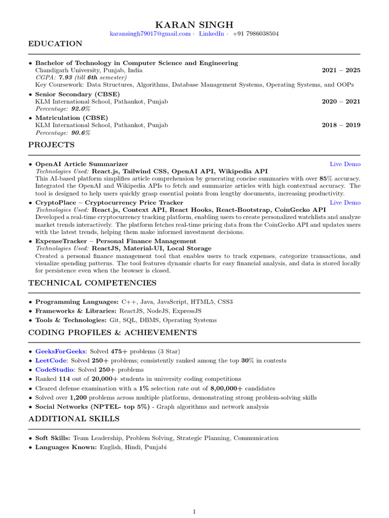 Karan Singh: Computer Science Profile | PDF | Databases | Computing