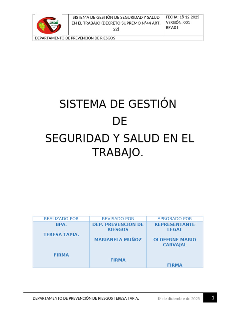 Sistema de Gestión de Seguridad Laboral | PDF | Seguridad y salud ...