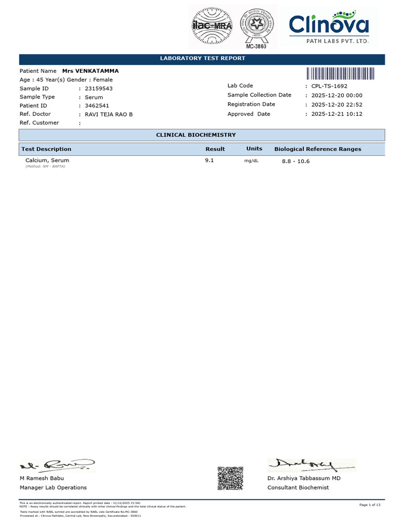 Laboratory Test Report for Mrs. Venkamma | PDF | Cholesterol | Medical ...