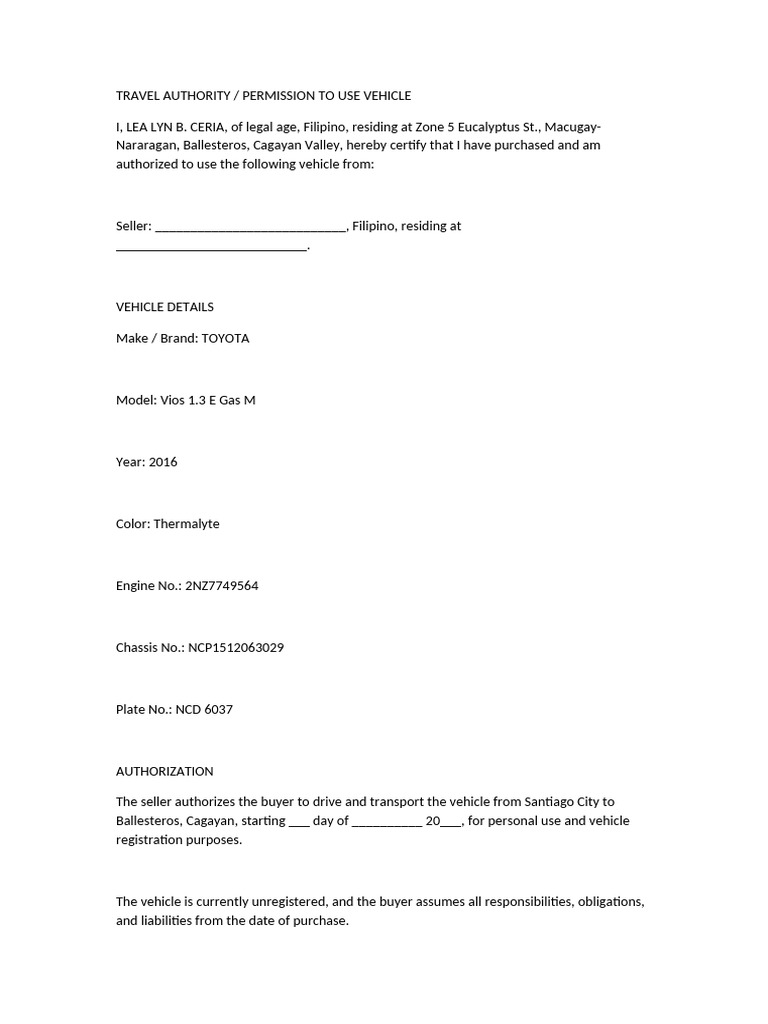 Vehicle Use Authorization Document | PDF