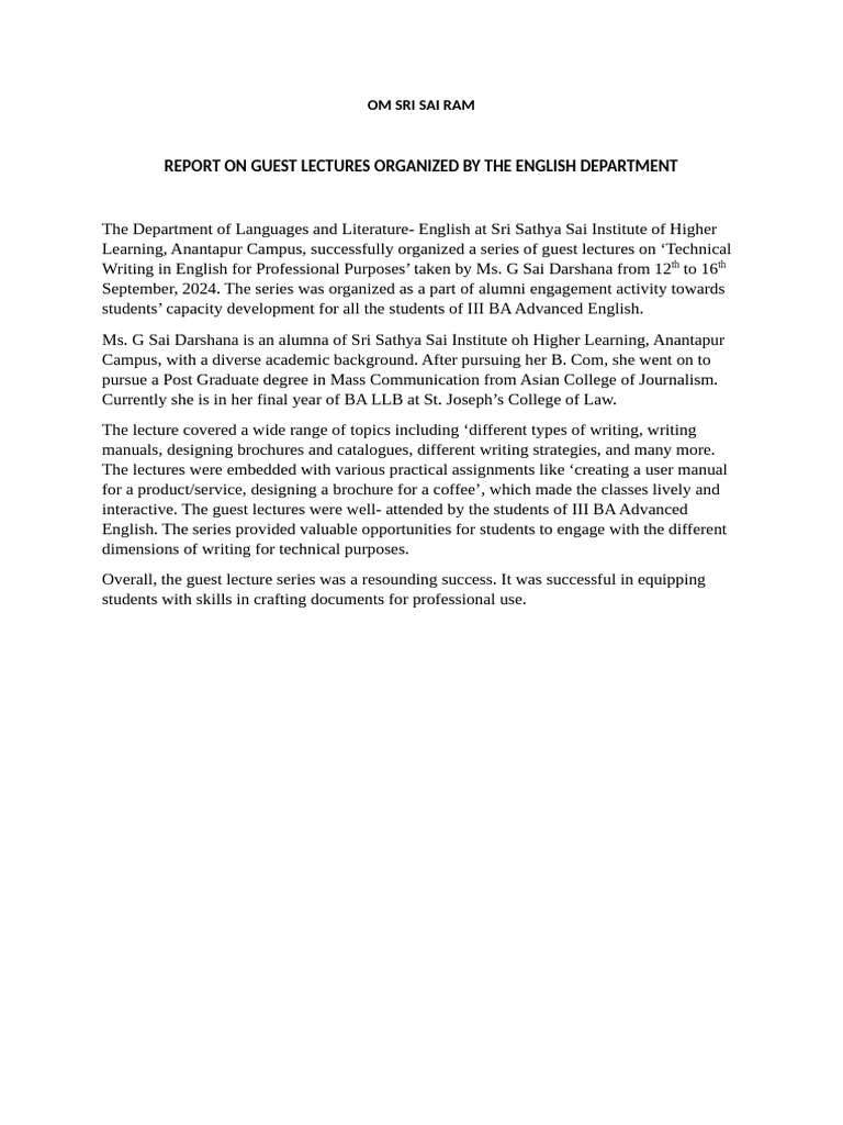 Report On Guest Lecture Series | PDF
