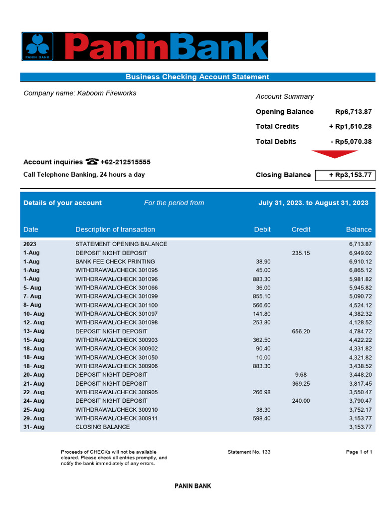 Panin Bank Organization Checking Account Statement Word and PDF ...