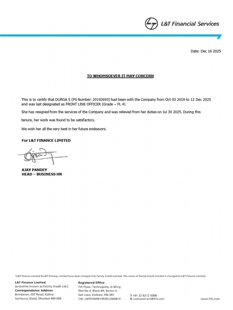 DURGA L&T Releiving Letter | PDF