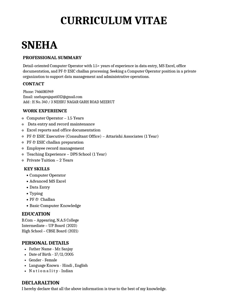 Computer Operator Resume for Sneha | PDF