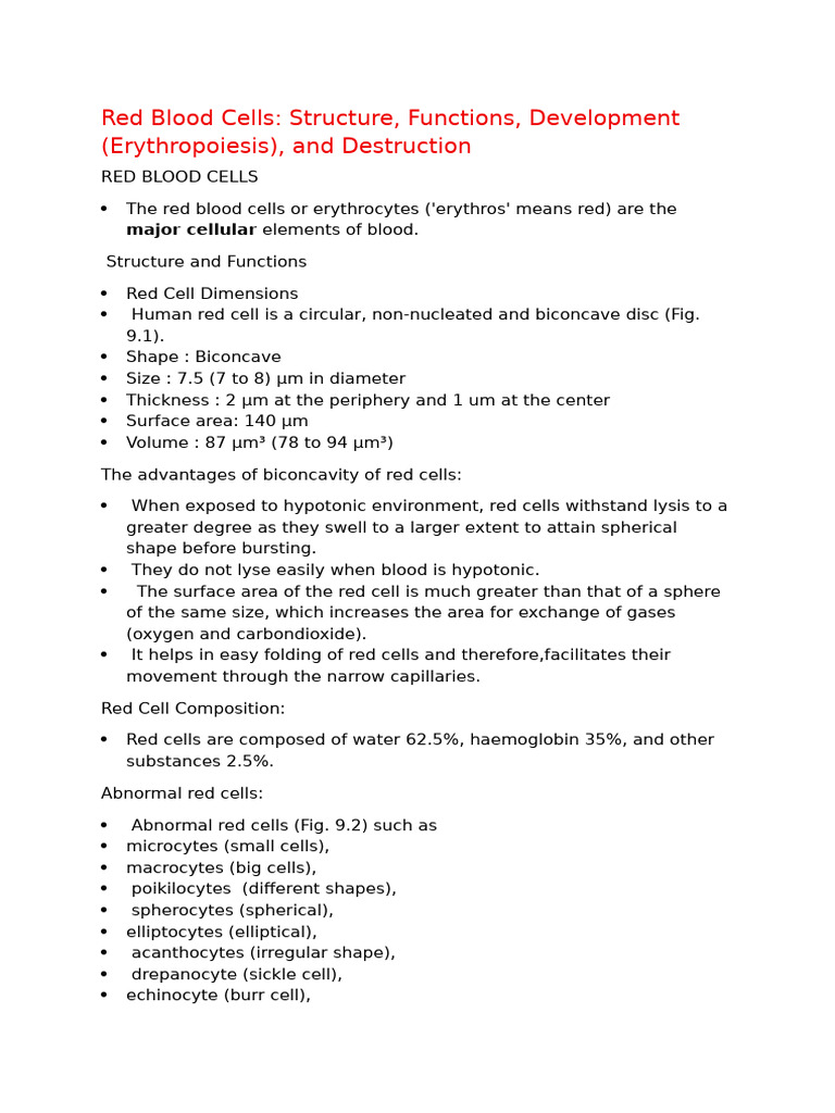 Red Blood Cells: Structure and Functions | PDF | Red Blood Cell | Cell ...