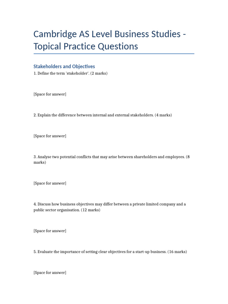 AS Level Business Studies Practice Questions | PDF
