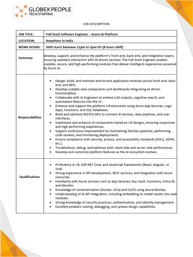 GP JD_Full Stack Software Engineer - Azure AI | PDF | Microsoft Azure ...