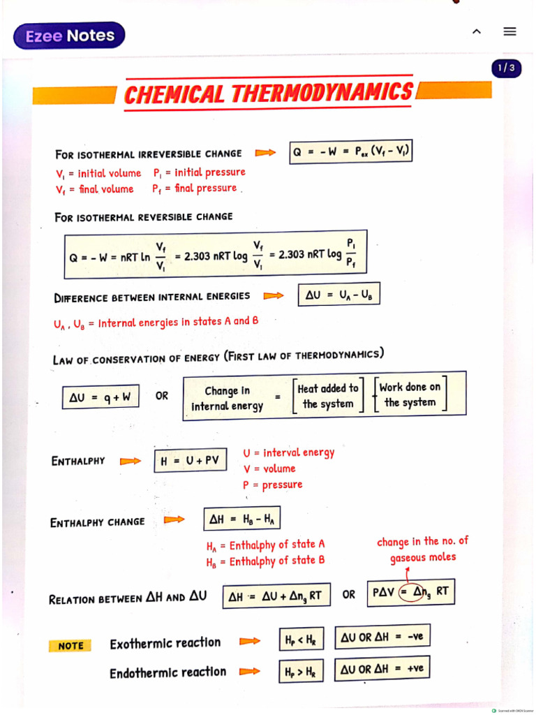 Thermodynamic Ezee Notes Formulae | PDF