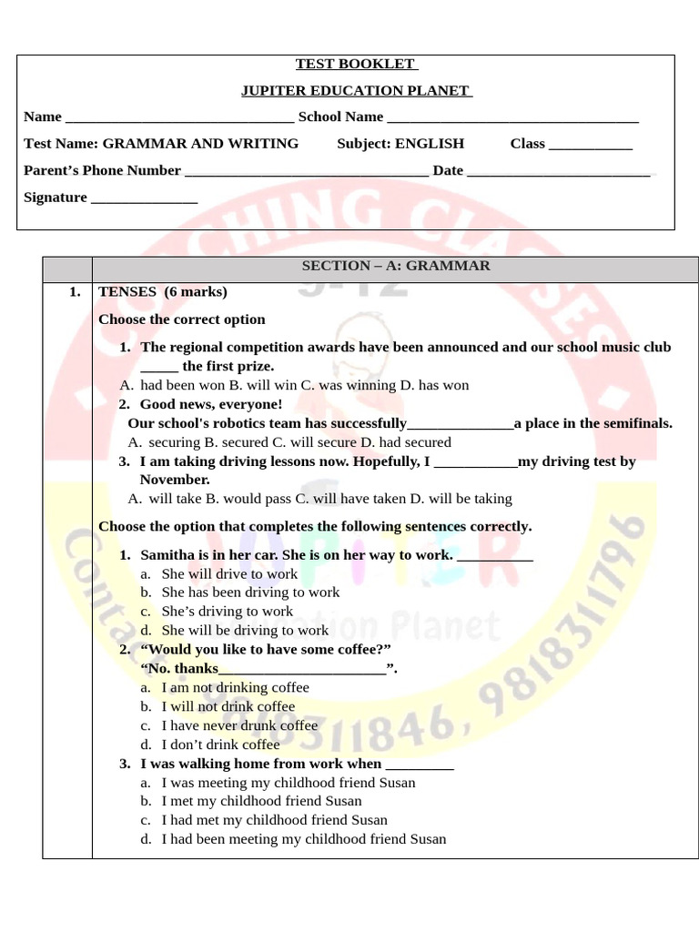 Grammar and Writing Test Booklet | PDF