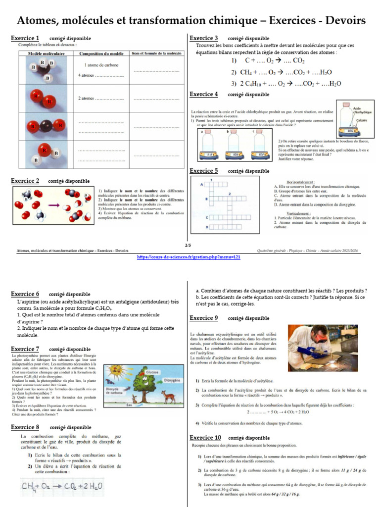Exercices sur atomes et molécules chimiques | PDF | Molécules | Chimie