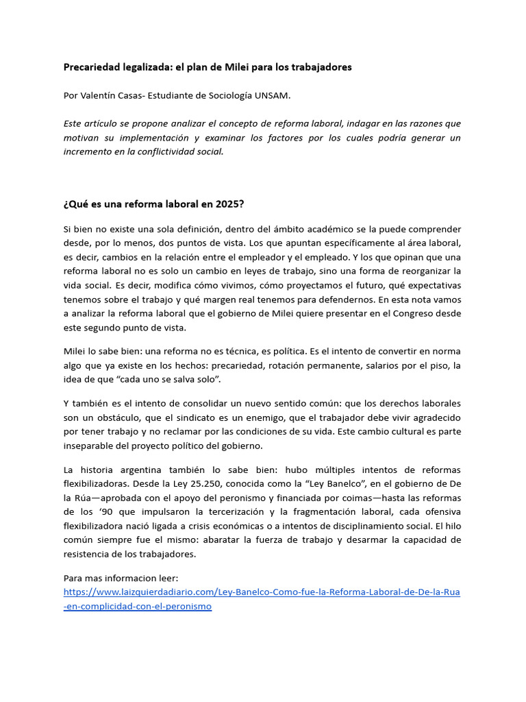 Reforma laboral de Milei: precariedad y derechos | PDF | Derecho ...