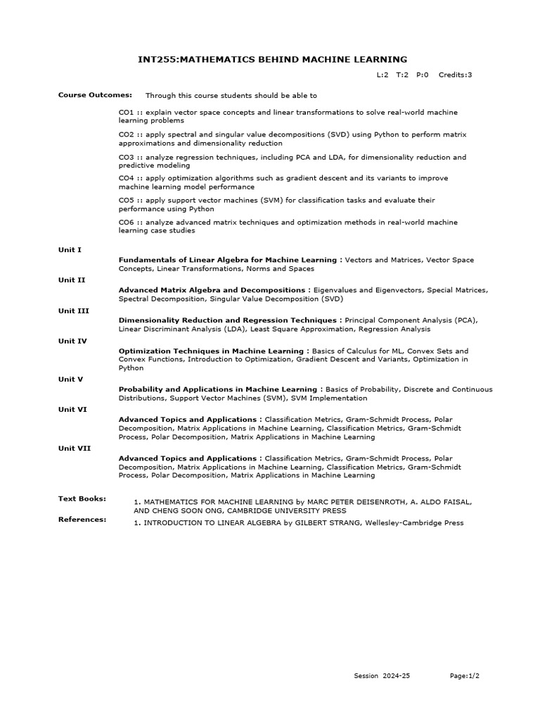 Mathematics for Machine Learning Course | PDF | Matrix (Mathematics ...