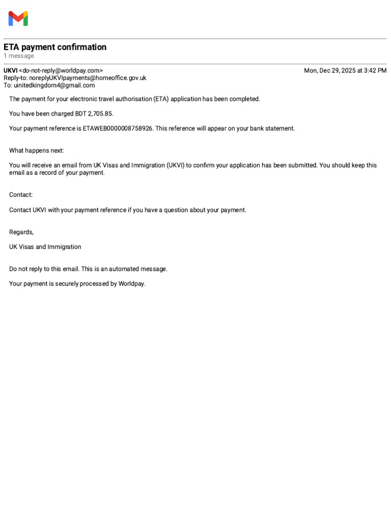 ETA Payment Confirmation Details | PDF