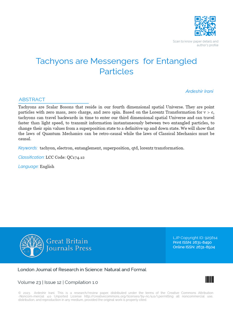Tachyons Are Messengers for Entangled Particles Ardeshir Irani | PDF ...