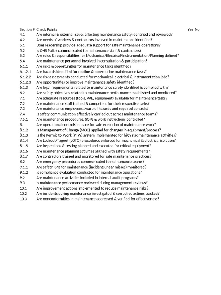 Maintenance Safety Compliance Checklist | PDF | Working Conditions ...