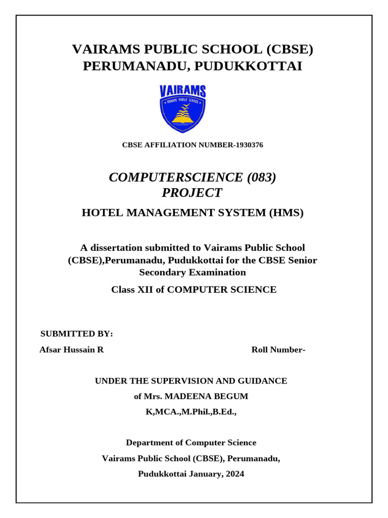 Hotel Management System Project Report | PDF | System | Computing