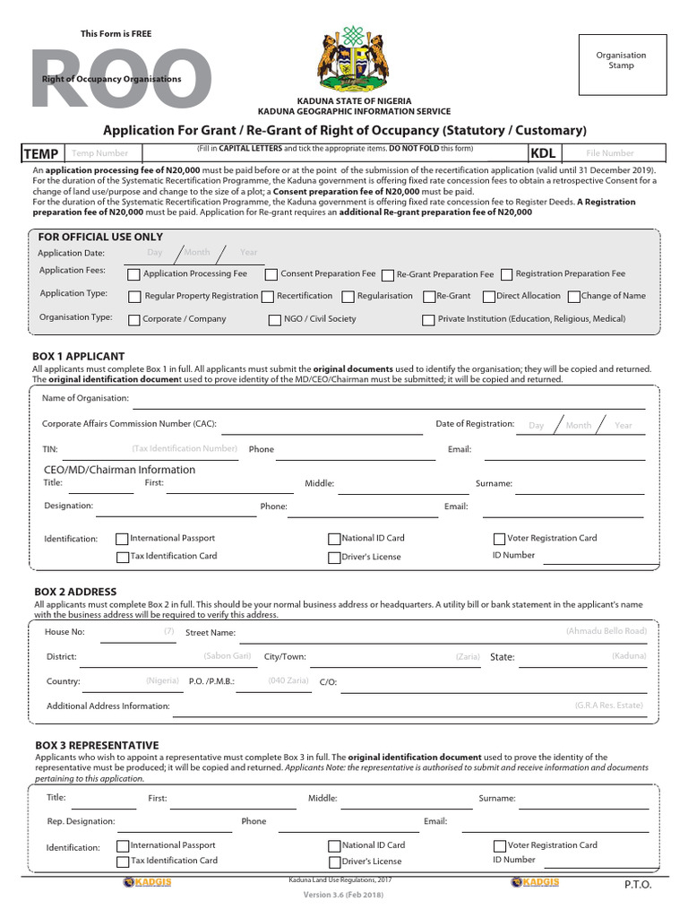 Kaduna Right of Occupancy Application Form | PDF | Identity Document | Deed