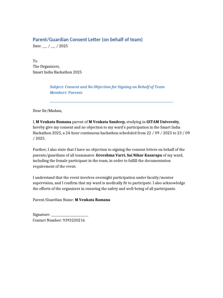 Parent Consent for Smart India Hackathon | PDF