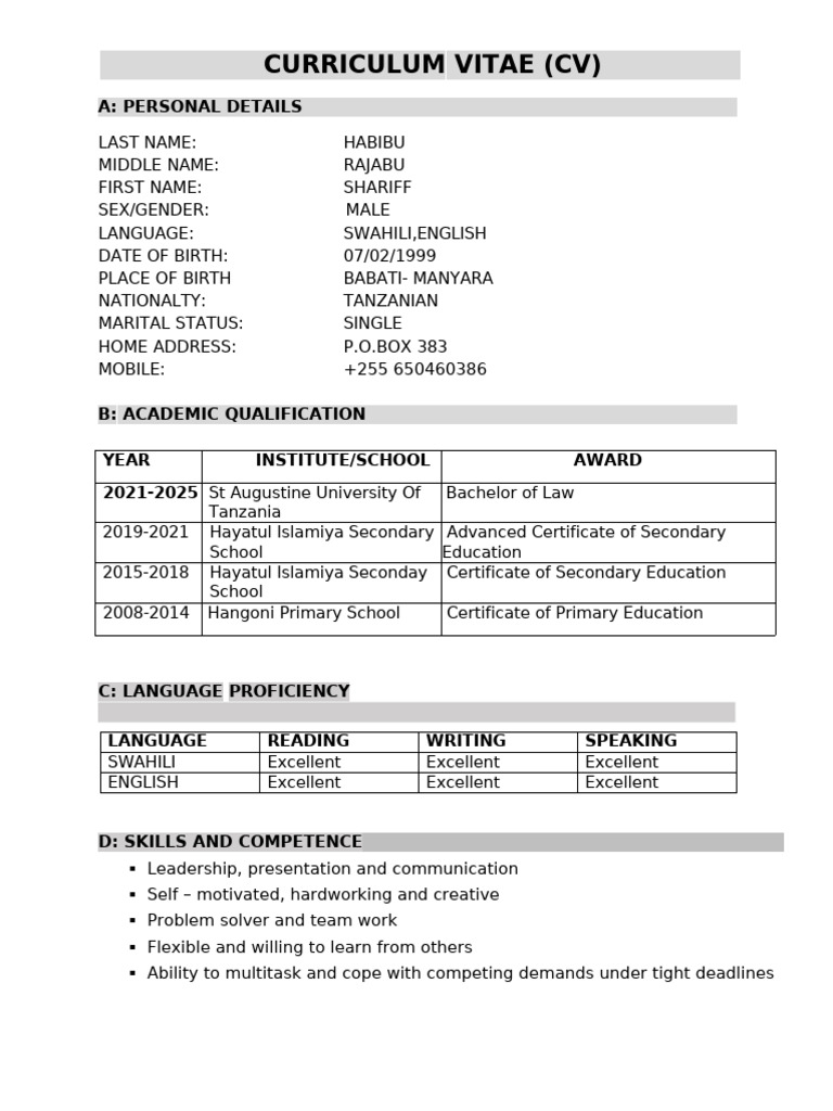 Shariff Habibu's CV and Qualifications | PDF | Learning | Cognition