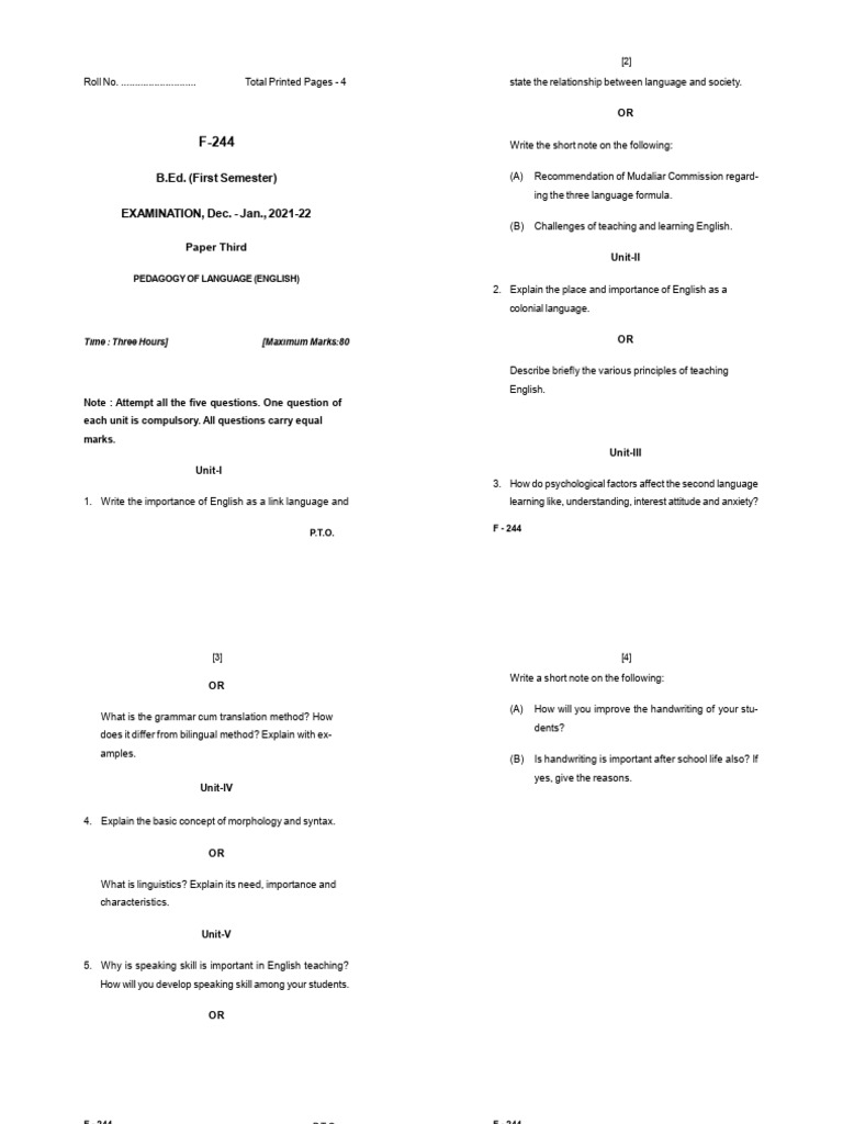 B.Ed. Exam: Pedagogy of English Language | PDF | English Language ...